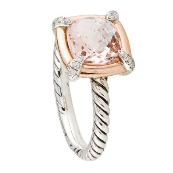DAVID YURMAN MORGANITE & DIAMOND 18K ROSE GOLD & SILVER PETITE CHÂTELAINE RING - Picture 2 of 9